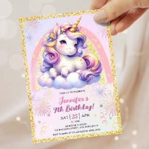 Invitación Chica Unicornio Morado Rosa y Oro Novena Fiesta de