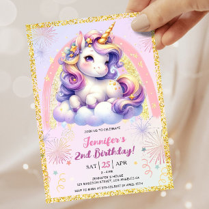 Invitación Chica Unicornio morado rosado y oro Fiesta de segu