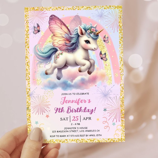 Invitación Chica Unicornio Purpurina de Oro Fiesta de Cumplea (#UnicornBirthdayInvitation #UnicornBirthdayInvitationTemplate #UnicornBirthdayInvitationEditable)