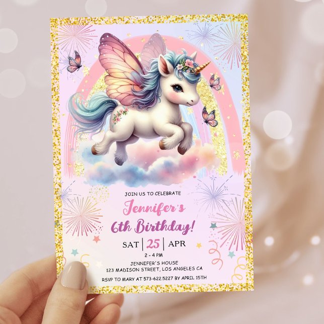 Invitación Chica Unicornio Purpurina de Oro Pink 6ª fiesta de (#UnicornBirthdayInvitation #UnicornBirthdayInvitationTemplate #UnicornBirthdayInvitationEditable)