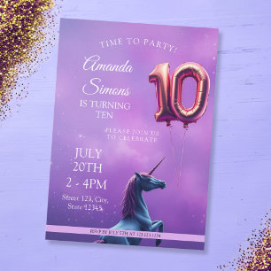 Invitación Chica Unicornio Rosado Dorado Galaxia Púrpura 10º