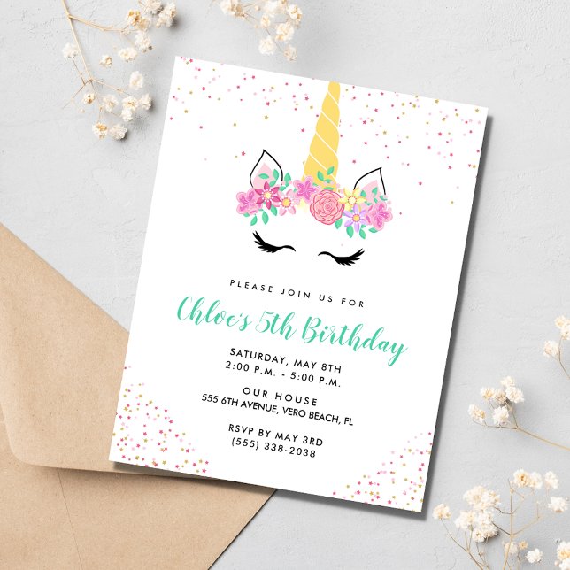 Invitación Chica Unicornio V Fiesta de Cumpleaños (Girl's Unicorn 5th Birthday Party Invitation)