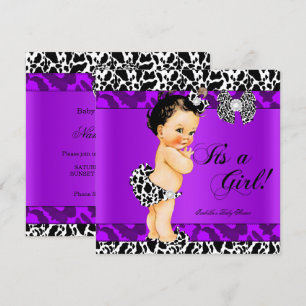 Invitación Chica Vaca Leopardo Morado Baby Shower Morena