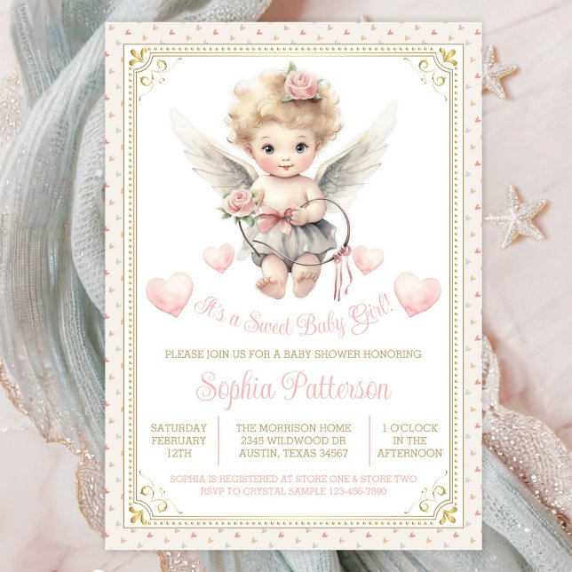 Invitación Chica Valentine Cherub Hearts Baby Shower (Cute sweetheart angel baby shower invitation. Instant download and printed invitations available.)