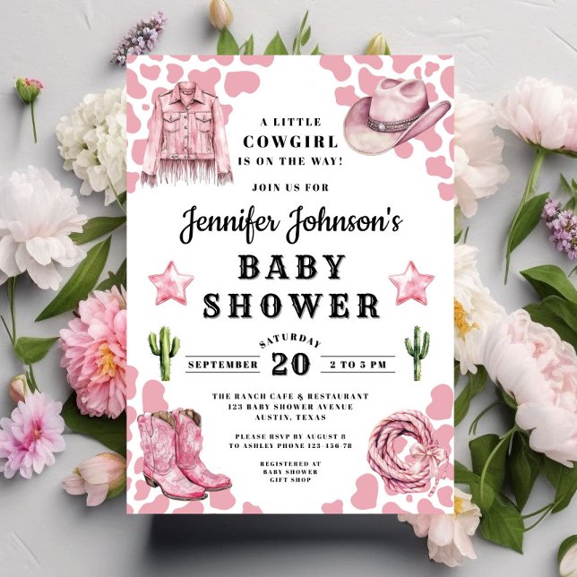 Invitación Chica vaquera bebé cumple rosa lindo (Cute Pink Cowgirl Baby Shower Invitation)