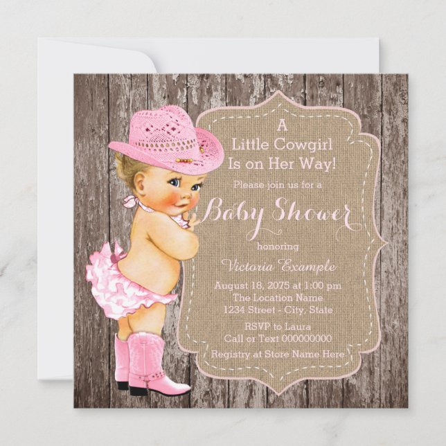 Invitación Chica Vaquera Rústica Baby Shower (Anverso)