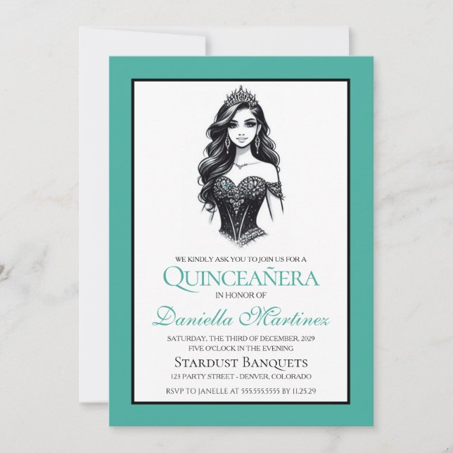 Invitación Chica verde azulado de Quinceañera (Anverso)