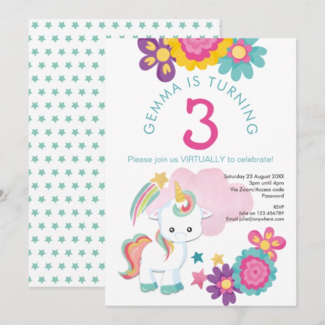 Invitación Chica Verde azulado Rosa de Unicornio 3er partido  (Anverso / Reverso)