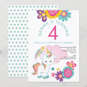 Invitación Chica Verde azulado Rosa de Unicornio en la cuarta