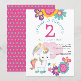 Invitación Chica Verde azulado rosa de Unicornio, segundo Fie