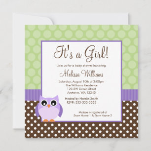 Invitación Chica verde púrpura Baby Shower del lunar del búho