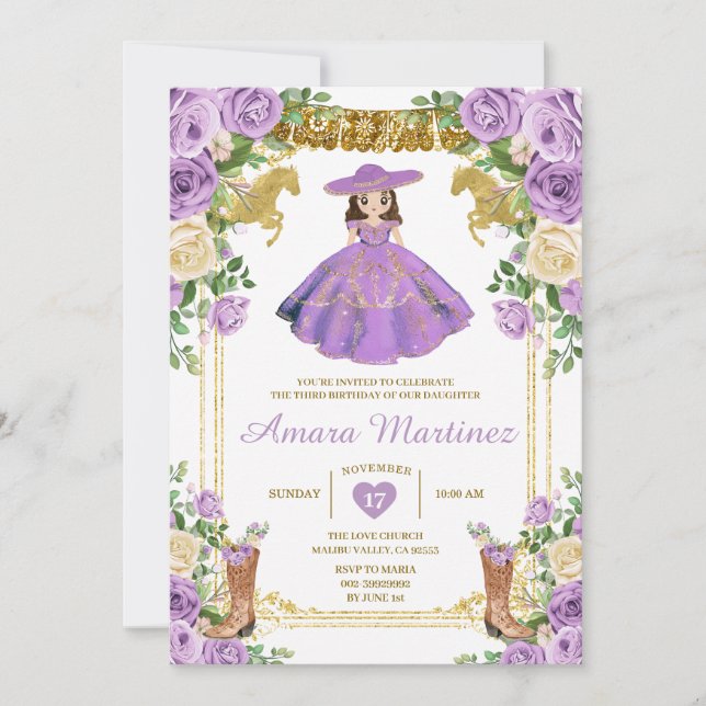 Invitación Chica Vestido mexicano morado tercer Fiesta de cum (Anverso)