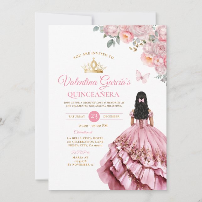 Invitación Chica Vestido Rosa Quinceañera 15 Anos Flores Oro (Anverso)