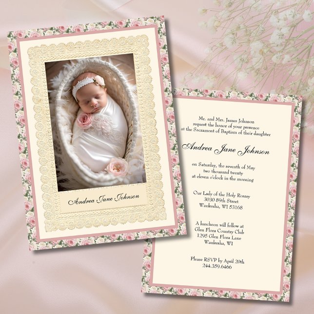 Invitación Chica vintage bautismo rosa foto (Subido por el creador)