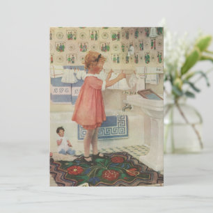 Invitación Chica Vintage, Niño Haciendo La Colada Colgando Ro