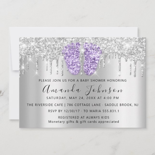 Invitación Chica VioletFeet Grey Boy Purpurina de Baby Shower (Anverso)