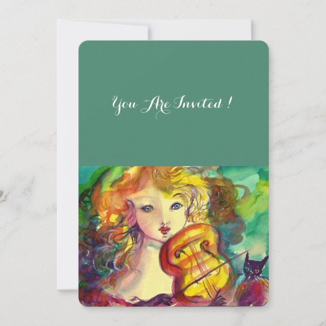 Invitación Chica VIOLINISTA, VIOLÍN Y GATO Dulce 16 Cumpleaño (Anverso)