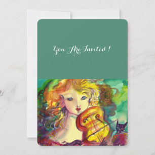 Invitación Chica VIOLINISTA, VIOLÍN Y GATO Dulce 16 Cumpleaño