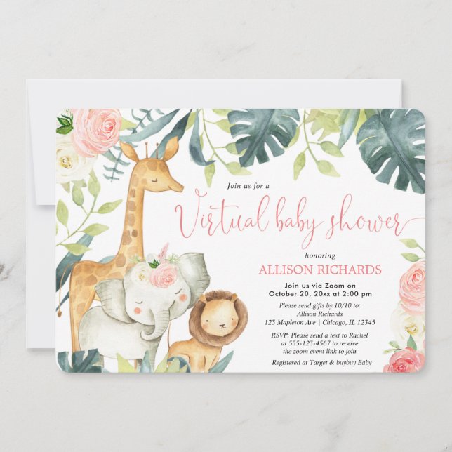 Invitación Chica virtual Baby Shower animal de safari floral  (Anverso)