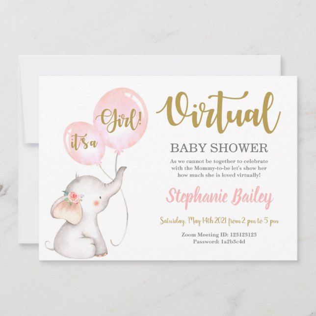 Invitación chica virtual de elefante Baby Shower (Anverso)