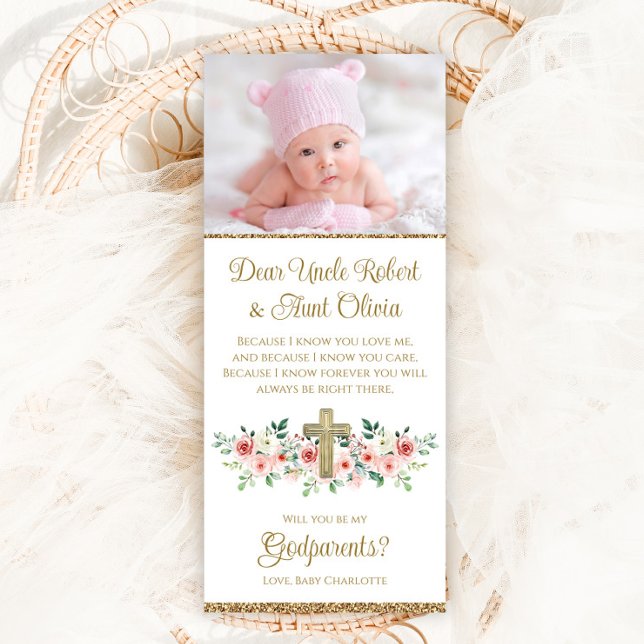 Invitación Chica Watercolor Floral Cross Godparent (Pretty pink and gold photo Godparent invitation with watercolor flowers and cross.)