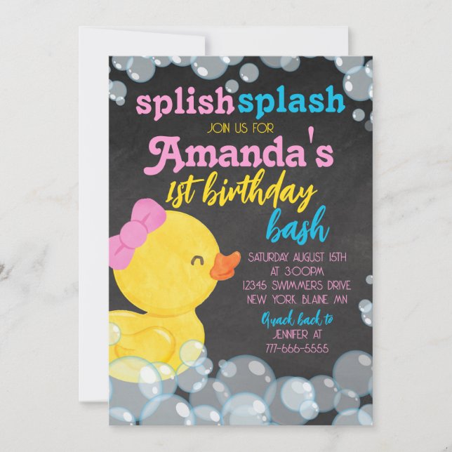 Invitación Chica Watercolor Rubber Duck Chalkboard Cumpleaños (Anverso)