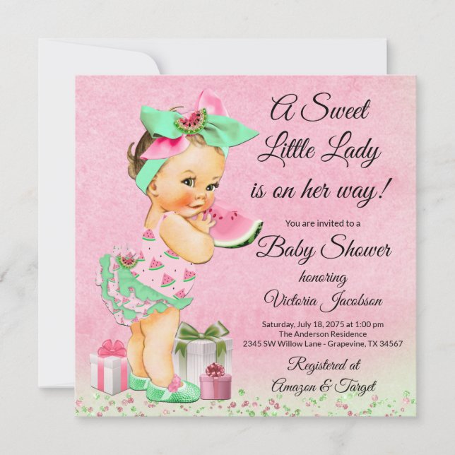 Invitación Chica Watercolor Watermelon Baby Shower (Anverso)
