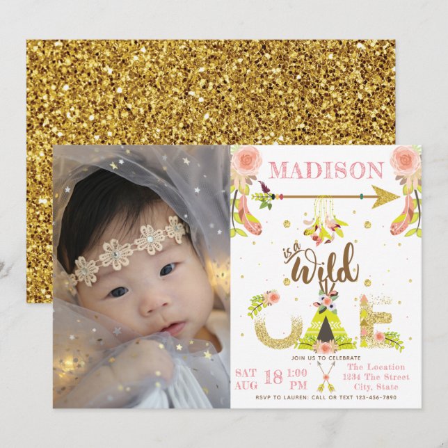Invitación Chica Wild One Boho Foto de primer cumpleaños (Anverso / Reverso)