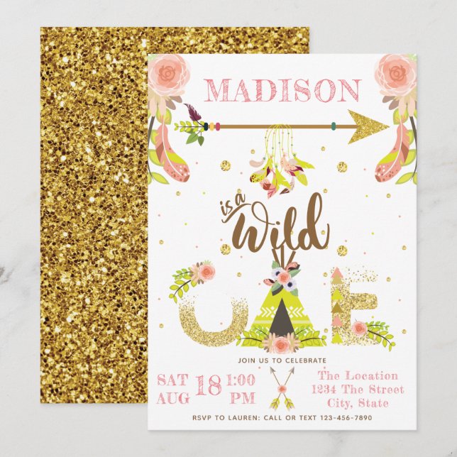 Invitación Chica Wild One Boho Primer cumpleaños (Anverso / Reverso)