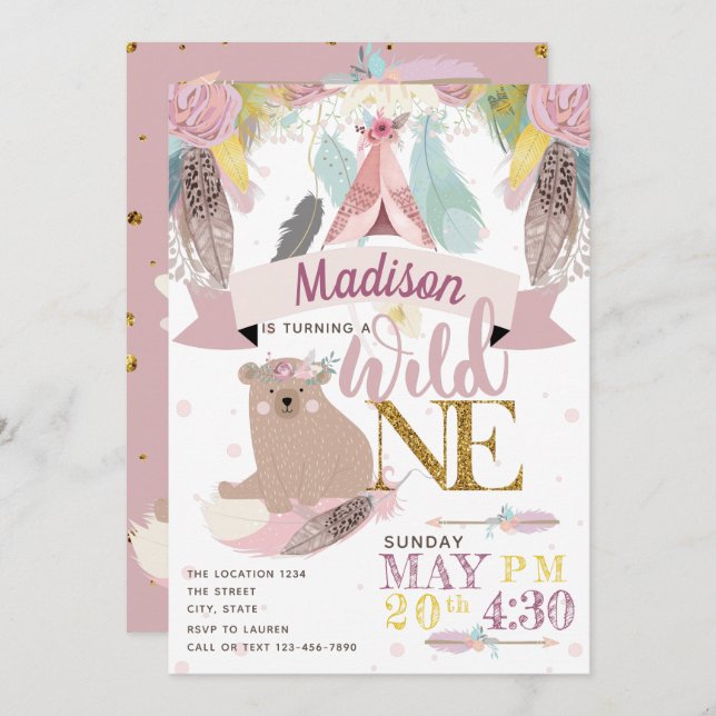 Invitación Chica Wild One Boho Primer cumpleaños (Anverso / Reverso)