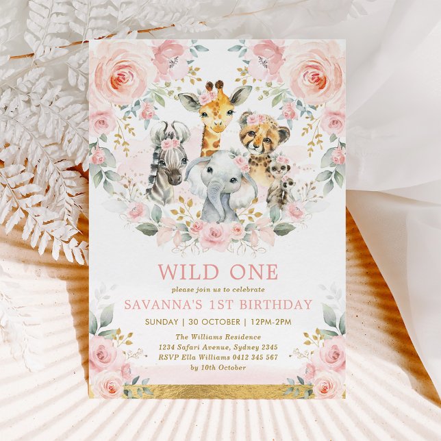 Invitación Chica Wild One Jungle Safari Rubor Cumpleaños Flor (Subido por el creador)