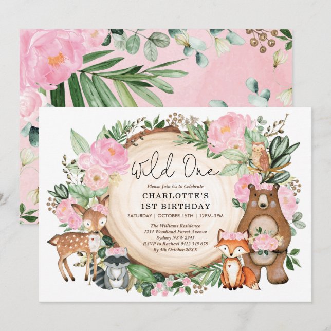 Invitación Chica Wild One Pink Floral Woodland Primer cumplea (Anverso / Reverso)