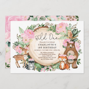 Invitación Chica Wild One Pink Floral Woodland Primer cumplea