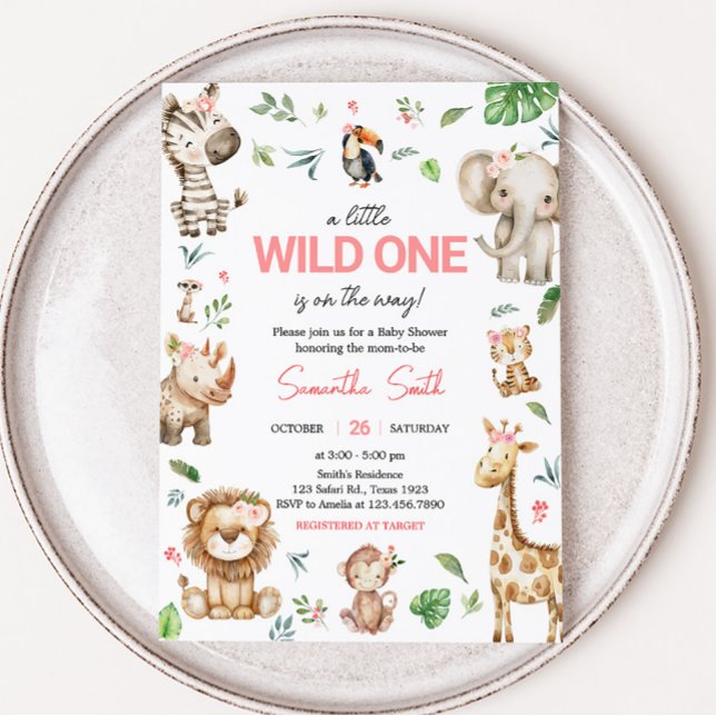 Invitación Chica Wild One Safari Baby Shower (Floral Wild One Safari Animals Baby Shower Invitation)
