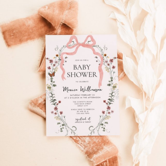 Invitación Chica Wildflower Pink Bow Baby Shower (Pink Bow Girls Baby Shower Invite)