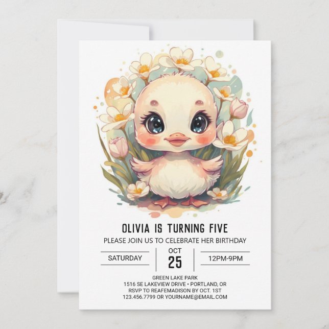 Invitación Chica Wildflowers Duck Birthday (Anverso)