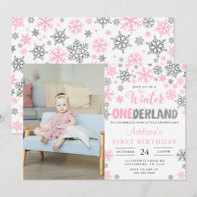 Invitación Chica Winter Onederland Primera foto de cumpleaños (Anverso / Reverso)