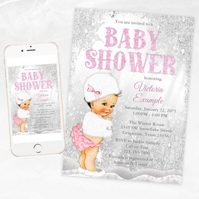 Invitación Chica Winter Wonderland Baby Shower Brunette Chica (Girl winter wonderland baby shower invitation. For instant download and print.)