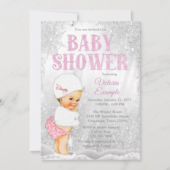 Invitación Chica Winter Wonderland Baby Shower Pink Snowflake (Anverso)
