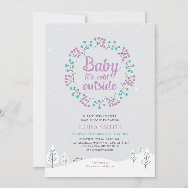 Invitación Chica Winter Wonderland Baby Shower, Purple y Verd (Anverso)