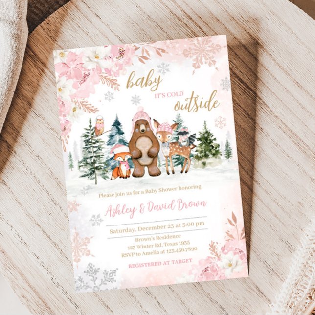 Invitación Chica Winter Woodland Baby Shower (Pink Baby It's Cold Outside Woodland Baby Shower)