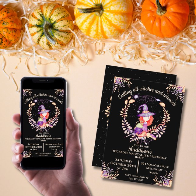 Invitación Chica Witch Birthday Watercolor (Subido por el creador)