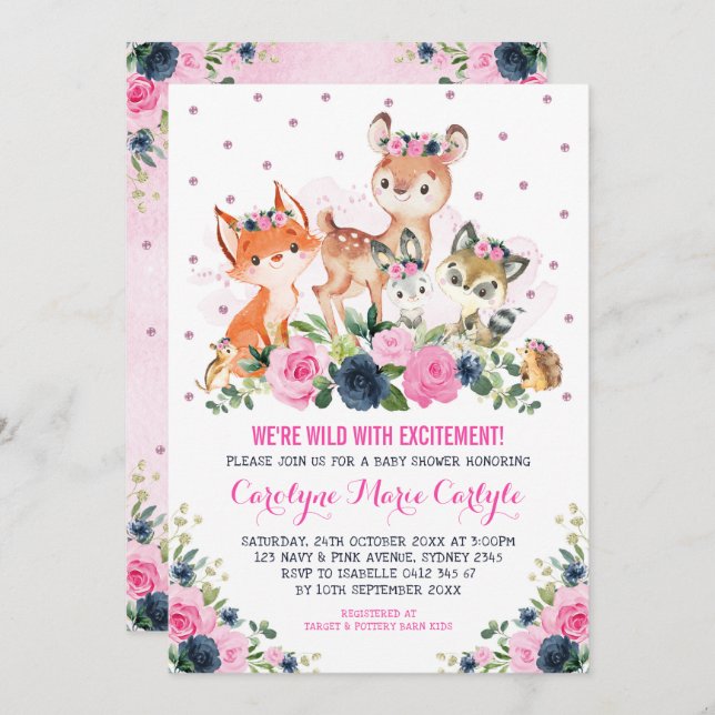 Invitación Chica Woodland Animales Navy Floral Rosa Baby Show (Anverso / Reverso)