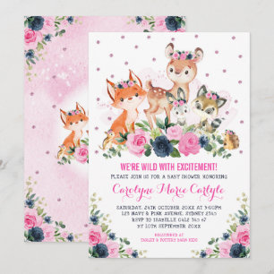 Invitación Chica Woodland Animales Navy Floral Rosa Baby Show