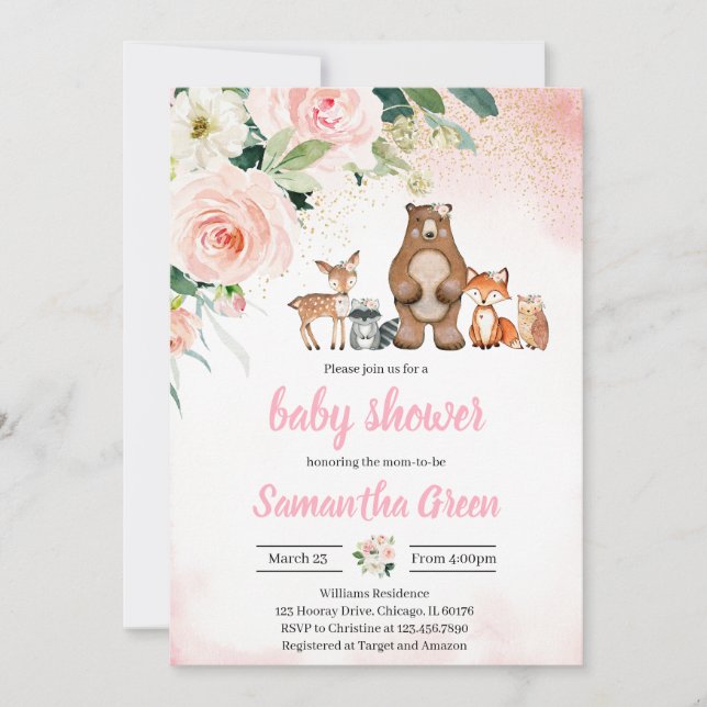 Invitación Chica Woodland Baby Shower (Anverso)