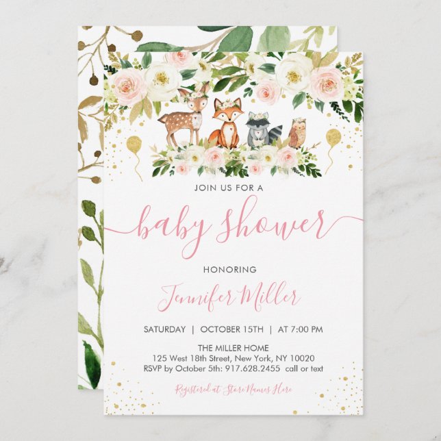 Invitación Chica Woodland Baby Shower Floral Rosa (Anverso / Reverso)