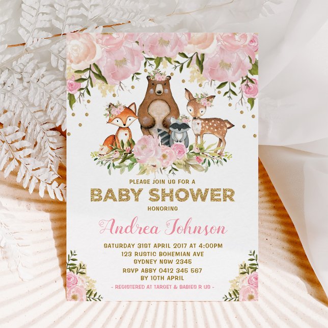 Invitación Chica Woodland Baby Shower Forest Animals Pink Gol (Subido por el creador)
