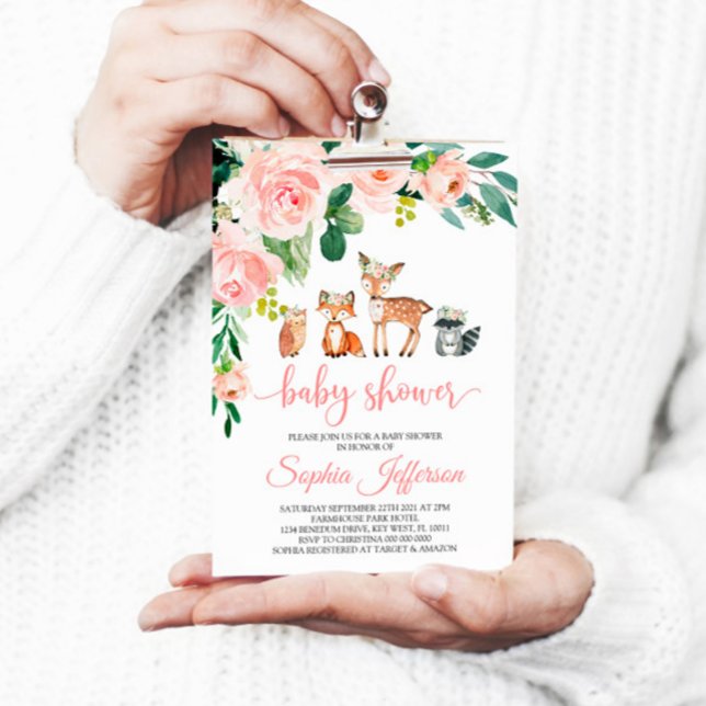 Invitación Chica Woodland Baby Shower Forest Animals Pink Ros (Subido por el creador)