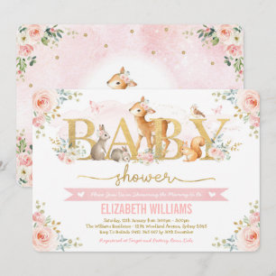Invitación Chica Woodland Baby Shower Rubor Bosque floral ros