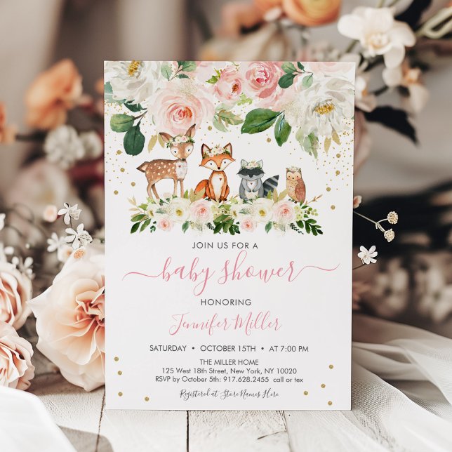 Invitación Chica Woodland Baby Shower Rubor Floral (Subido por el creador)